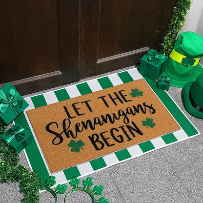 Tinideya 2 Pcs Irish Festival Door Mat Fest Welcome Non Slip Coir Mats Shenanigans Green White Stripe Floor Layering Doormats Seasonal for Front Porch Entryway Decor(Irish Festival)
