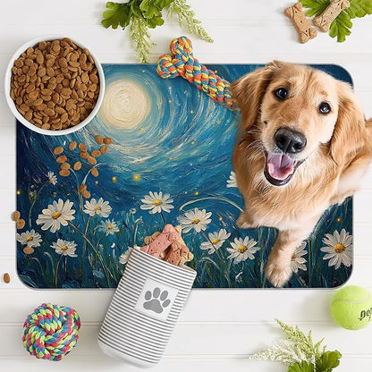 Starry Night Pet Feeding Mat,Moon Daisy Flower Absorbent Quick-Dry Cat Dog Food and Water Bowl Mats,Non-Slip Rubber Backing Mat,Cat Dog Accessories Supplies 12"x20"