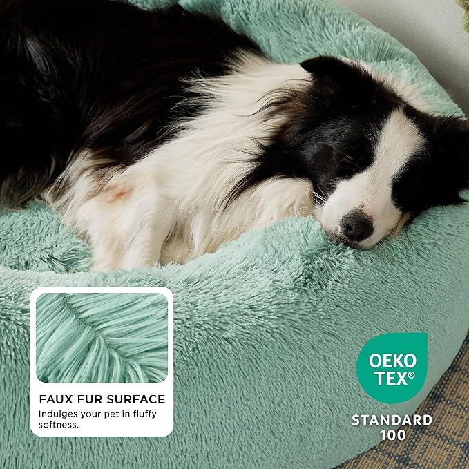 Bedsure Calming Dog Bed for Large Dogs - Donut Washable Large Pet Bed, 36 inches Anti-Slip Round Fluffy Plush Faux Fur Dog Bed, Fits up to 80 lbs Pets, Apple Green