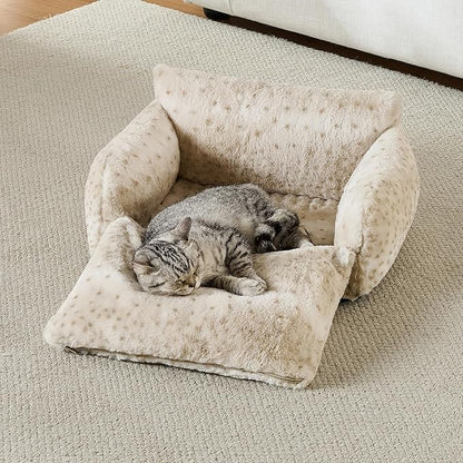 Hollypet Cat Bed Fluffy Plush Mutifuctional Double-Layer Soft Pet Couch Orthopedic Sofa Nest Beds for Small Cats and Dogs, Leopard (21x15x8 inch)
