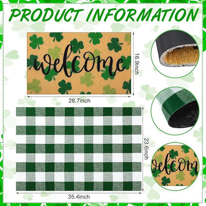 Tinideya 2 Pcs St. Patrick Day Door Mat Welcome Non Slip Coir Mats Clover Pattern Green White Plaid Floor Layering Doormats Seasonal for Front Porch Entryway Decor(st Patrick's Day)