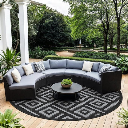 GENIMO 10' Round Outdoor Rug for Patios Clearance, Reversible Plastic Straw Rugs, RV Camping Mat for Camper, Balcony, Backyard, Picnic, Deck, Black & Gray