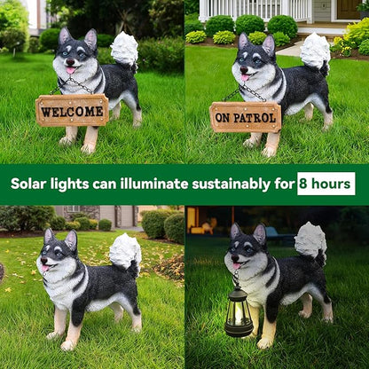 Akita Statue Outdoor Decorations – Outdoor Dog Statue Standing Black Akita with Removable Solar Light & Welcome Sign for Patio Décor