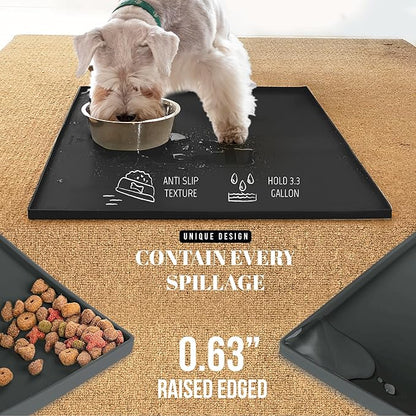 AVERYDAY 100% Waterproof Thicker Silicone Dog Food Mat, 0.63'' Raised Edge Bowl Mat for Food & Water, Non Slip Pet Feeding Placemat for Messy Drinkers, Perfect for Large Medium Small Breeds, 18"x10"