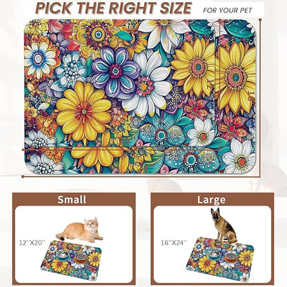 Floral Dog Food Mat for Floors,Cute Mandala Flower Absorbent Quick-Dry Pet Feeding Mat,Cat Dog Bowl Mats for Food and Water,Non-Slip Pet Accessories Supplies 16"x24"