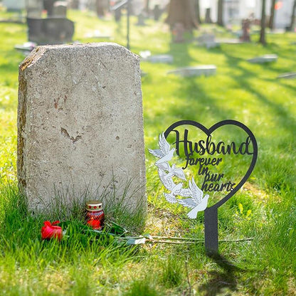 BUoonyer Stake Graves Cemetery Decorations - Husband Metal Memorial Grave Markers, Men Heart Graveyard Sympathy Plaque, Dove Remembrance Graveside Burial Decor Sign for Outside Yard Garden