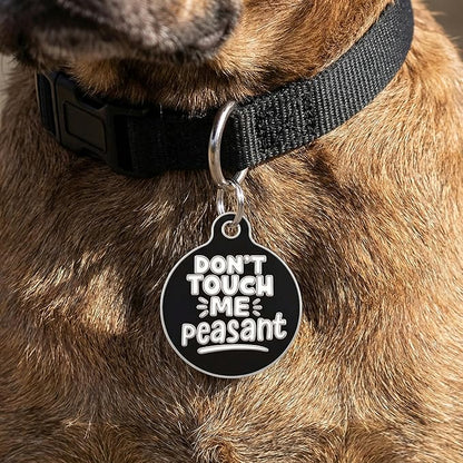 Bad Tags Personalized Dog and Cat ID Tags in 25+ Designs and 2 Sizes - 5 Lines of Custom Engraved Text - Funny Cute Personalized Pet Tags (Don't Touch Me Peasant, Small (1 inch))