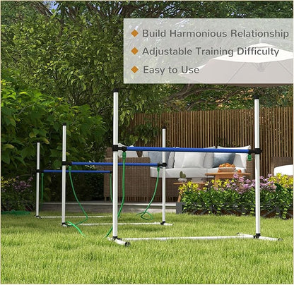 PawHut 4 Piece Dog Agility Training Equipment Set with Spray Water Tube, Dog Agility Set with Adjustable Height Hurdles, Whistle, Carry Bag, White