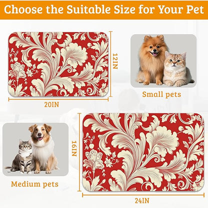 Red White Flower Feeding Mat,Paisley Absorbent Quick-Dry Cat Dog Food and Water Bowl Mats,Non-Slip Rubber Backing Mat,Cat Dog Accessories Supplies 16" x 24"