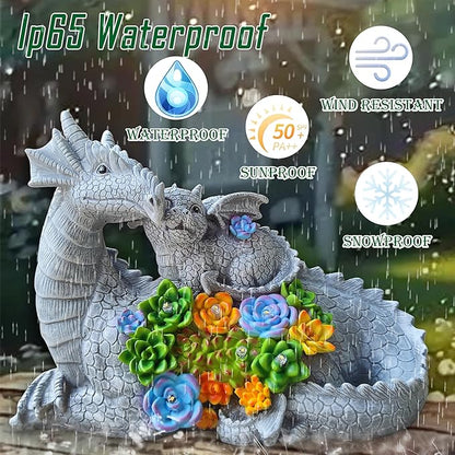 Dragon Solar Garden Statues Outdoor Decoration with Succulent and 6 LED Lights,Dragon Figurine Solar Lights Lawn Décor,Outside Statue Ornament for Patio, Balcony, Yard,Unique Gift for Mom