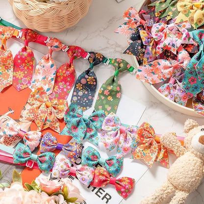 Reginary 100 Pieces Dog Bow Tie Collar Set Include 40 Dog Neckties, and 30 Puppy Bowties, 30 Collar Flowers, Adjustable Pet Ties Grooming for Small Medium Cats Pets Supply(Flower)