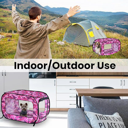 Beatrice Home Fashions Portable, Collapsible, Pop Up Kennel Travel Cat and Dog Crate, 40" L x 27" W x 27" H, Camo Pink