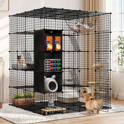 YITAHOME Cat Cage Indoor Large with Storage Cube DIY Outdoor Catio Cats Enclosures Metal Cat Playpen with Hammock Platforms for 1-4 Cats 5 Tiers Cat Kennel