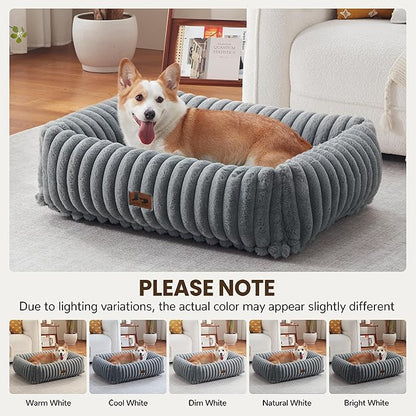 Washable Dog Bed for Small Medium Dogs - Rectangle Orthopedic Corduroy Fleece Pet Bed with Removable Cover and Nonskid Bottom, Calming Puppy Bed Soft Pet Sofa, Grey(35x25x9inchs)