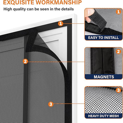 Double Door Fiberglass Magnetic Screen Door，Screen Door Mesh，Keep Bugs Out, Heavy-Duty Mesh Curtain,Pet and Kid Friendly, Works with Front Doors, Sliding Doors（72x96 Inch