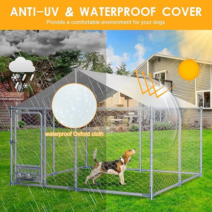 7.5×7.5×5.3 FT Outdoor Dog Kennel with Roof, Dog Enclosure w/Rotating Feeder, Large Heavy Duty Dog Run Playpen w/2 Stainless Bowls, Galvanized Pet House w/Secure Lock, Waterproof Cover (7.5FT)