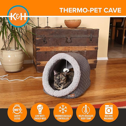 K&H Pet Products Heated Cat Bed - Thermo-Pet Cave for Large Cats, Indoor Heated Pet Bed for Dogs & Cats, Covered Cave Pet Tent, Collapsible, Machine Washable, Safety Listed - 17 X 15 X 13in Gray