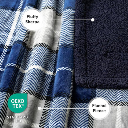 PetAmi Waterproof Dog Blanket for Medium Large XL Dog Puppy Cat Throw for Couch Cover Leakproof Protection, Sherpa Fleece, Reversible Soft Washable 80x60 Plaid Navy Blue