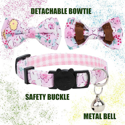 Collar for Cat Pet Breakaway with Bell Bowtie Detachable Bow Adjustable Safety Kitten Puppy Girl Boy 2pcs Green & Pink Sakura