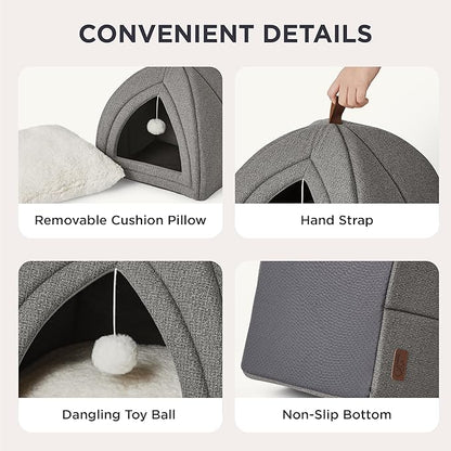Bedsure Cat Beds for Indoor Cats - 2 in 1 Cat Cave House Tent for Kittens and Small Pets with Removable Washable Cushioned Pillow, Foldable Kitten Hideaway with Non-Slip Bottom, Grey, 16 inches