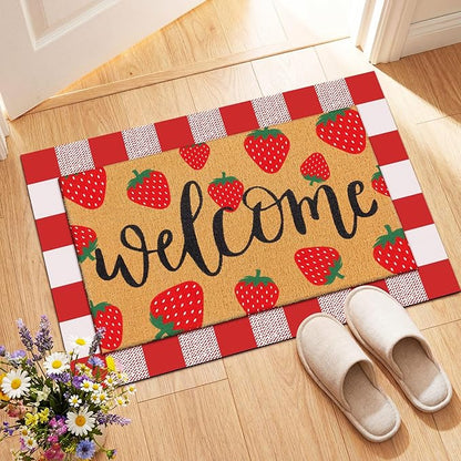 Tinideya 2 Pcs Strawberry Door Mat Fruit Pattern Design Welcome Non Slip Coir Mats Red and White Plaid Floor Layering Doormats Seasonal for Front Porch Entryway Decor(Strawberry)