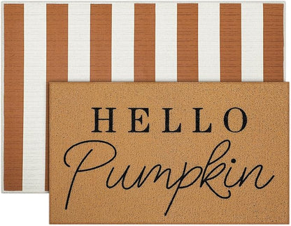 Tinideya 2 Pcs Fall Door Mat Thanksgiving Hello Pumpkin Welcome Non Slip Coir Mats White Orange Buffalo Plaid Floor Layering Doormats Seasonal for Front Porch Entryway Decor(Orange White)