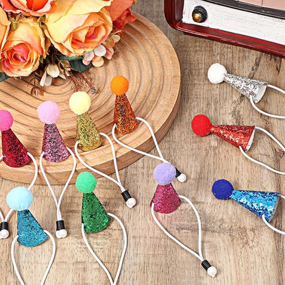 10PCS Small Party Hats for Stuffed Animals, Mini Birthday Hats for Stuffed Animals, Dogs, Cats, Adjustable Tiny Hat with Pom Poms, Holiday Birthday Costume Accessories