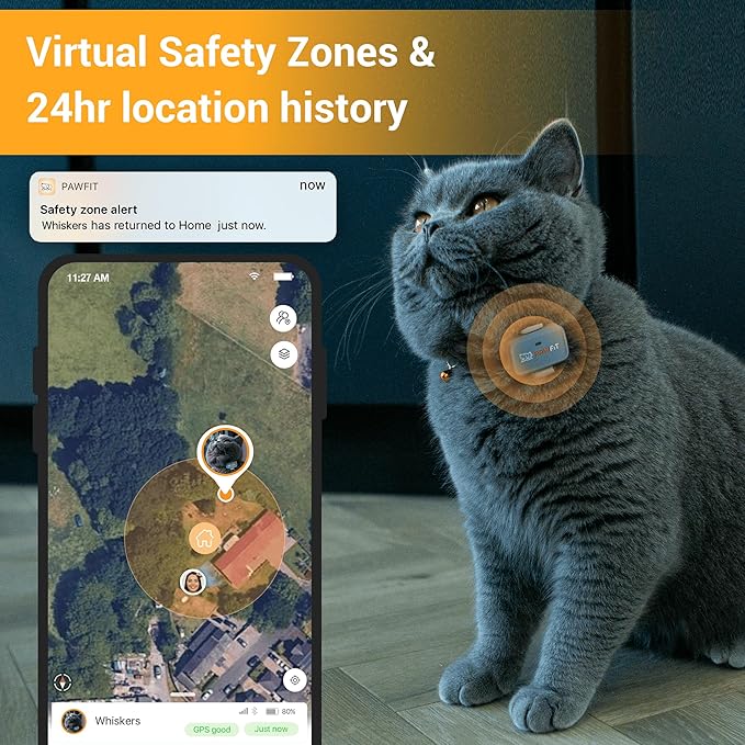 Pawfit Lite for Cats 4g GPS Tracker | Ultra-Small (<18g) Design | Real-Time Tracking | Activity Monitoring | Location History | Unlimited Range | Safety Collar Included | Charcoal Grey