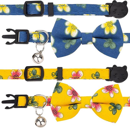 Collar for Cat Pet Breakaway with Bell Bowtie Detachable Bow Adjustable Safety Kitten Puppy Girl Boy 2pcs Flower-Blue & Yellow