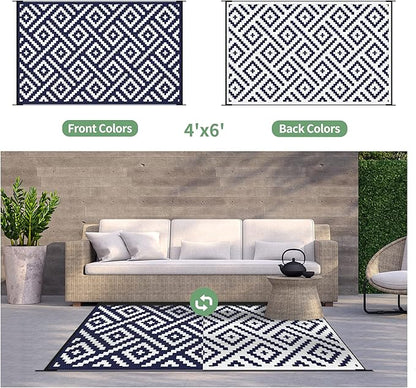 GENIMO Outdoor Rug 4x6 Waterproof, Reversible Mats, Outdoor Area Rug, Plastic Outside Carpet, Eeometric Rv Mat for Patio Camping Rv Picnic Backyard Deck Balcony Porch Beach Trailer(Navy Blue & White)