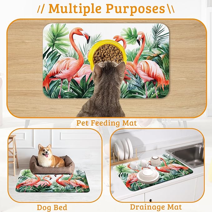 Pink Flamingo Dog Food Mat,Plam Leaves Absorbent Pet Feeding Mat for Food and Water Bowl,Quick Dry Dog Placemat Non Slip Rubber Backing Waterproof Pet Supplies 16" x 24"
