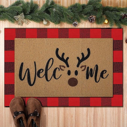 Tinideya 2 Pcs Door Mat Welcome Non Slip Coir Mats Floor Layering Doormats Seasonal for Front Porch Entryway Decor(Brown Elk)