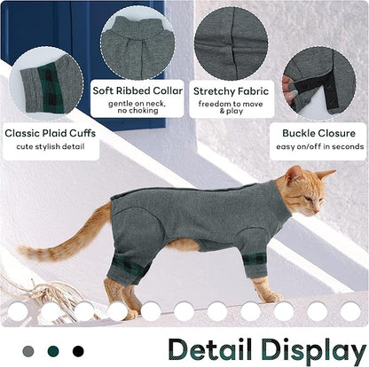 PUMYPOREITY Cat Pajamas, Stretchy 4-Leg Design with Back Buckles for Easy On/Off, Soft Cat Recovery Suit Reduce Wound Licking After Surgery, Kitten Onesie - Machine Washable, XS, Grey