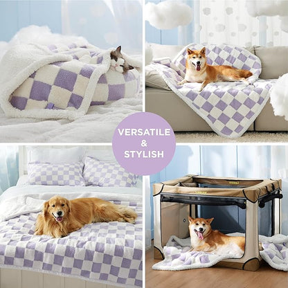 LE SURE Waterproof Dog Blanket for Large Dogs - Washable Double Sided Dog Blankets with Warm Jacquard Shag and Soft Sherpa Fleece, Pet Cat Blanket for Bed Couch Protection, 3D Textured Checks, Purple