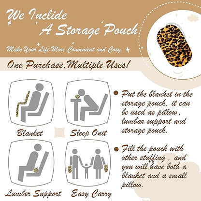 Bnuitland Leopard Print Flannel Twin Size Blanket with Storage Pouch for Bed Sofa Couch Travel, 300 GSM Double Sided Super Soft Fuzzy Fluffy Cheetah Print Blanket for Adults and Kids, 60x80 inch