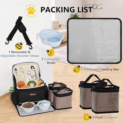 Modoker Dog Travel Bag Airline Approved Pet Cat Tote Organizer for Weekend Trips, 2 Bowls, 2 Food Containers & Feeding Mat