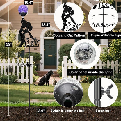 Solar Dog Light Outdoor Decorative,Metal Black Dog&Cat Silhouette Solar Garden Stake,Multi-Colored Changing Glass Ball with LED Light,Welcome Yard Sign Lawn Ornament Decor Gifts for Women