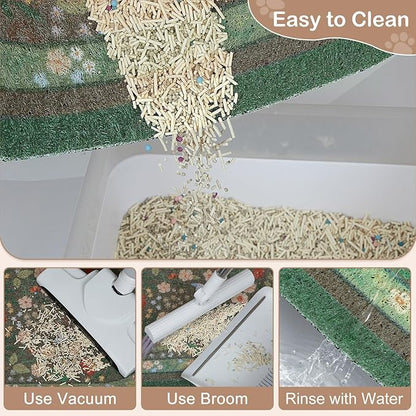 Bienbee Cat Litter Mat, 33" x 22" Large Size Litter Box Mat Rug with Non-Slip Bottom,Urine and Water Proof, Easy to Clean Cat Supplies Essentials for Indoor Kitty Kitten Floor,Green Flowers L
