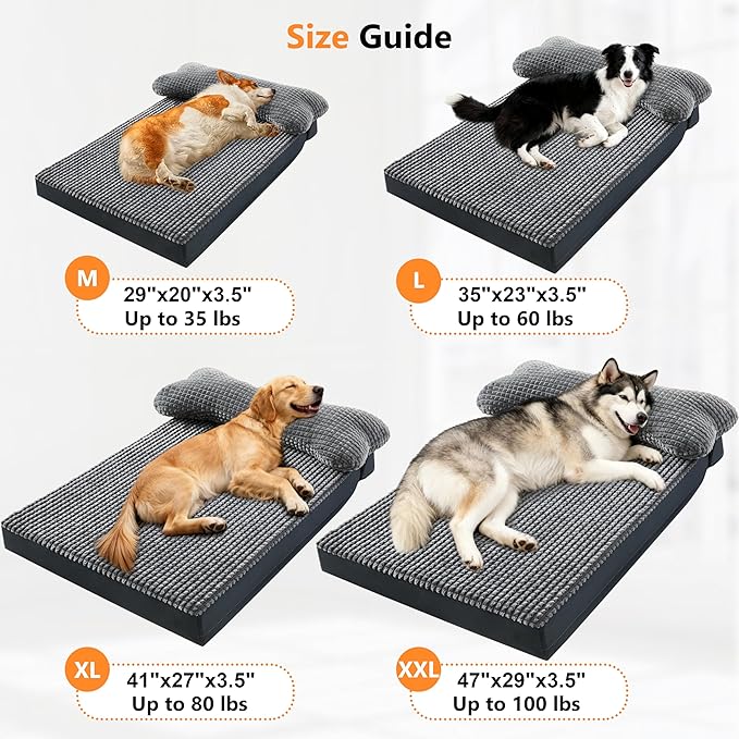 KISYYO Orthopedic XXL Dog Beds for Extra Large Dogs with Removable Washable Cover and Removable Pillow for Crate, Waterproof Extra Large Dogs Mat, Grey, 47x29