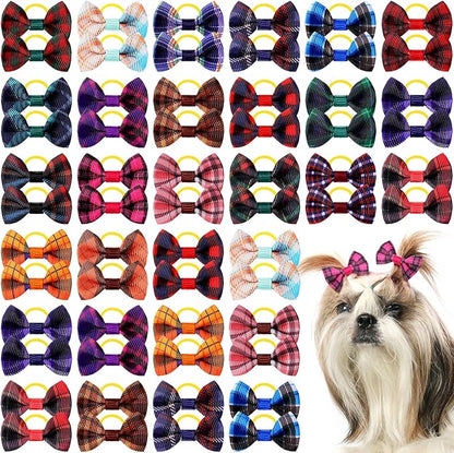 60 Pcs Cute Puppy Dog Hair Bows Small Bowknot Hair Bows with Rubber Bands Handmade Knot Accessories Pet Grooming Products for Holiday Birthday Gift(Plaid)