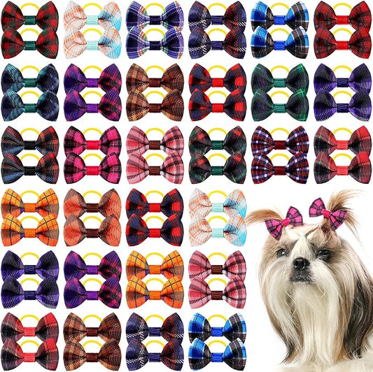 60 Pcs Cute Puppy Dog Hair Bows Small Bowknot Hair Bows with Rubber Bands Handmade Knot Accessories Pet Grooming Products for Holiday Birthday Gift(Plaid)