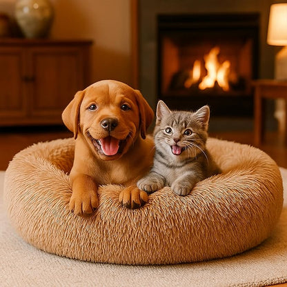 Calming Dog Bed - Fluffy Donut Cuddler for Anxiety Relief, Orthopedic Pet Bed with Non-Slip Bottom, Cozy Round Faux Fur Nest for Dogs and Cats, Plush Crate Mat for Comfort (Camel, Small)