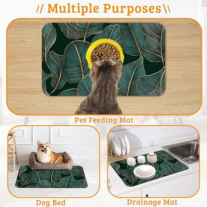 Tropical Palm Feeding Mat,Green Leaves Absorbent Quick-Dry Cat Dog Food and Water Bowl Mats,Non-Slip Rubber Backing Mat,Cat Dog Accessories Supplies 16" x 24"