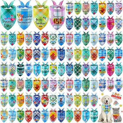 Sweetude 100 Pcs Summer Plaid Dog Bandana Bulk with Sayings Hawaii Bandana Pet Scarf Triangle Bibs Washable Puppy Kerchief Adjustable Grooming Supplies for Small Medium Large Dog Cat Accessories