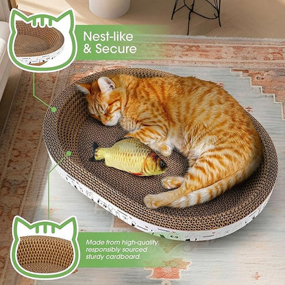 4-Piece Cardboard Cat Scratcher Bed Set with House, 2 Nest-Like Oval Cat Lounger Bowls (17"), Durable Corrugated Scratch Pads with Bonus Toys, All-in-One Cat Scratch Box for Indoor Cats Grinding Claws