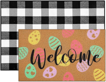 Tinideya 2 Pcs Easter Day Door Mat Eggs Welcome Non Slip Coir Mats Holiday Black and White Plaid Floor Layering Doormats Seasonal for Front Porch Entryway Decor(Easter Eggs)