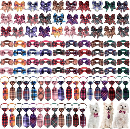 Reginary 100 Pieces Dog Bow Tie Collar Set Include 40 Dog Neckties, and 30 Puppy Bowties, 30 Collar Flowers, Adjustable Pet Ties Grooming for Small Medium Cats Pets Supply(Plaid)