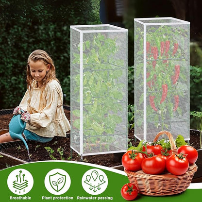 3 Pack 59"x18" Bird Netting Plant Cover for Garden Square Tomato Cages Protection,Insect Bird Barrier Garden Plant Netting Tomato Trellis Protective Cover with Zipper & Drawstring