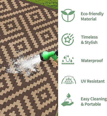 GENIMO Outdoor Rug for Patio Clearance, 6'x9' Reversible Plastic Straw Rugs, Lightweight Waterproof RV Camping Mat for Camper, Balcony, Deck, Backyard, Picnic, Coffee & Brown