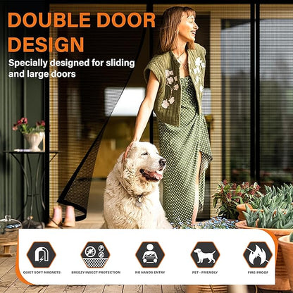 Double Door Fiberglass Magnetic Screen Door，Screen Door Mesh，Keep Bugs Out, Heavy-Duty Mesh Curtain,Pet and Kid Friendly, Works with Front Doors, Sliding Doors（74x80 Inch